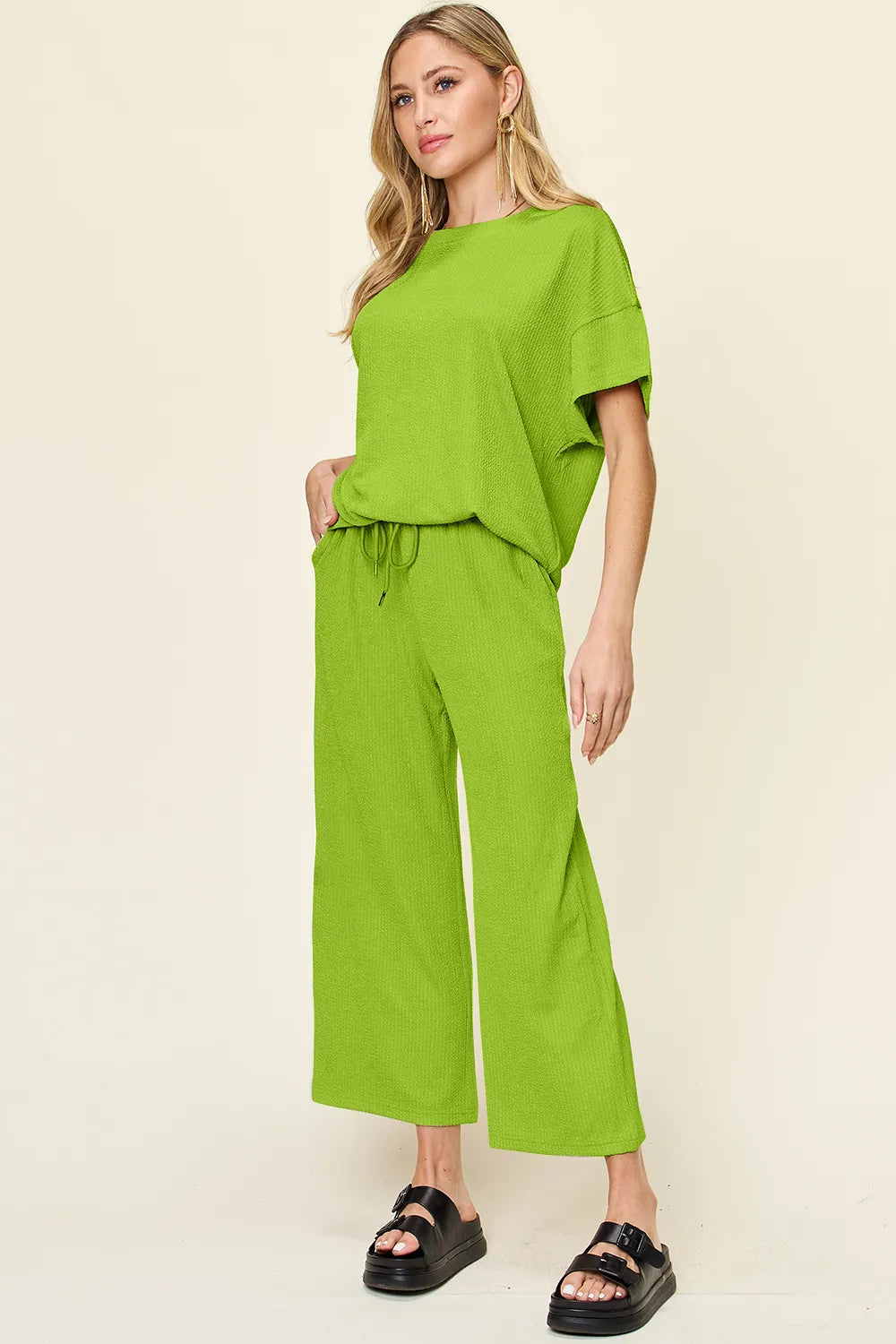 Double Take Full Size Texture Round Neck Short Sleeve T-Shirt and Wide Leg Pants - -
