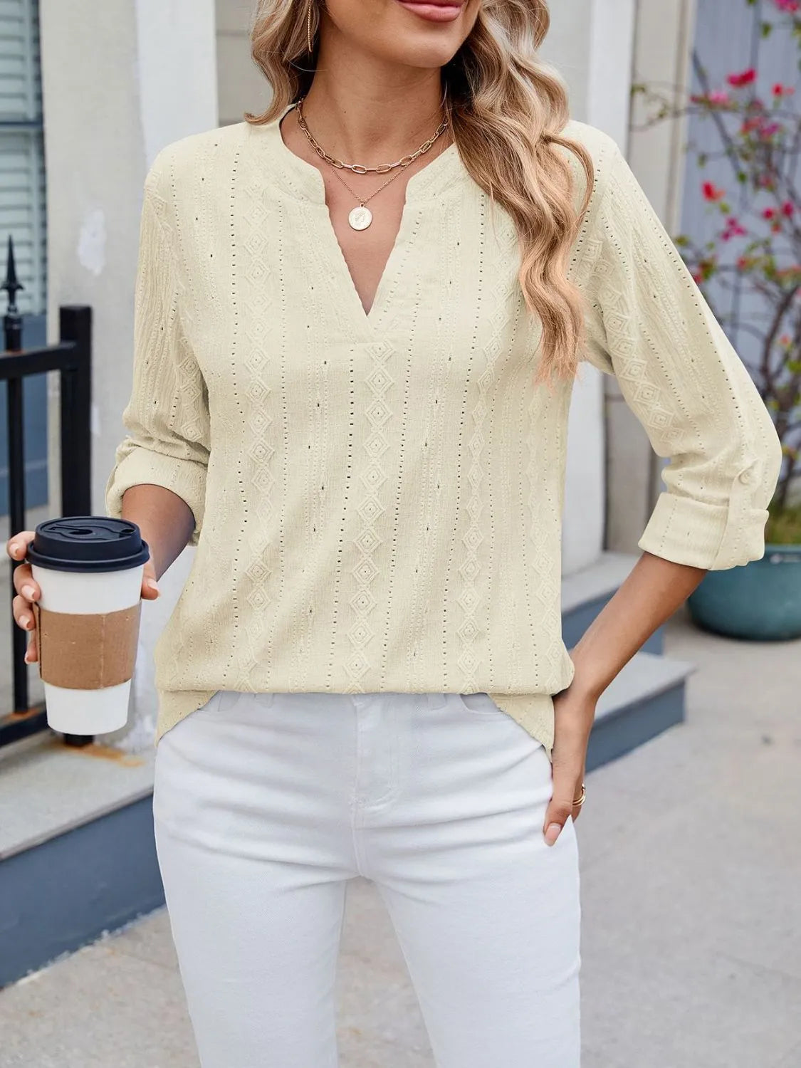 Eyelet Notched Roll-Tab Sleeve Top - -