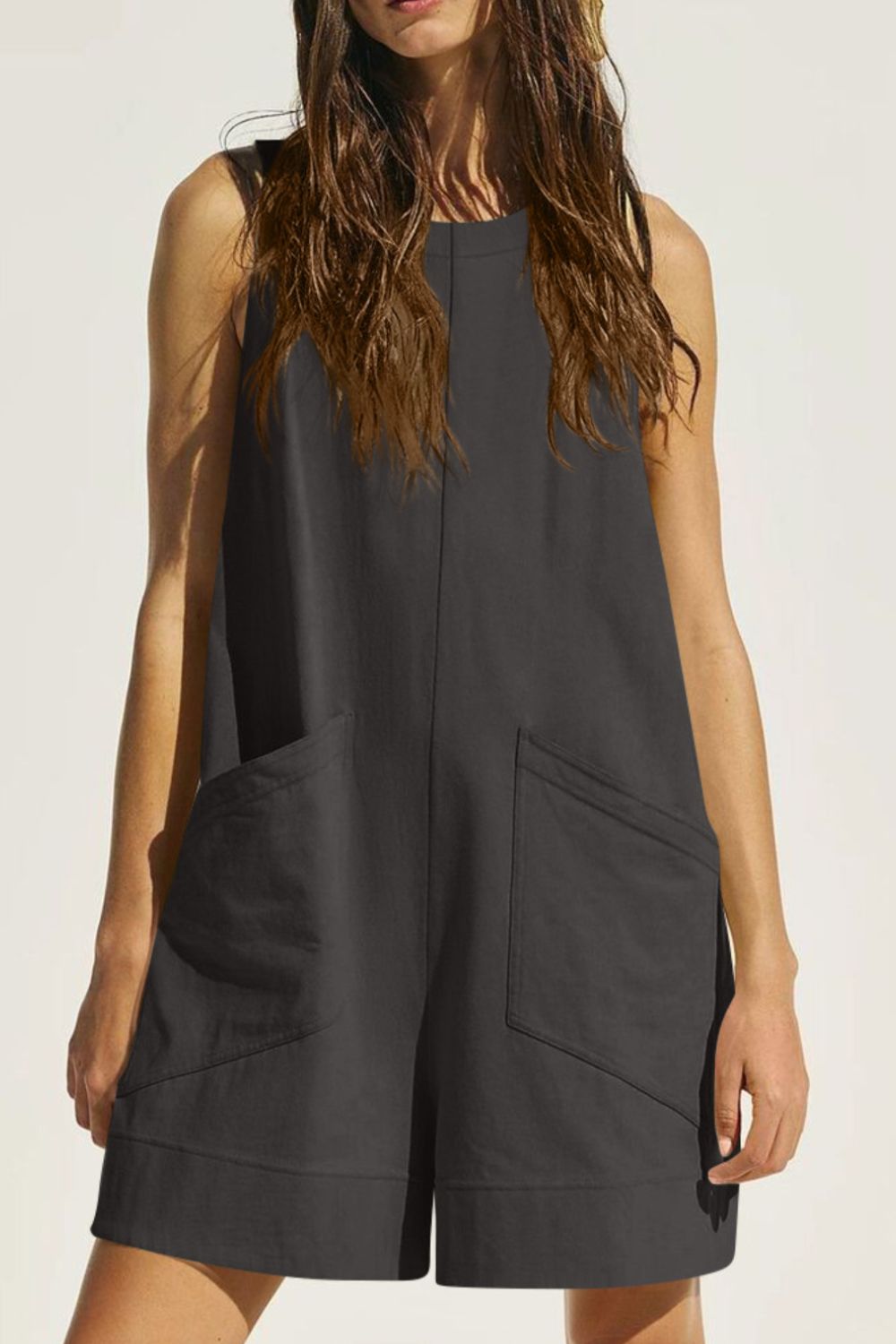 Lovelet Round Neck Sleeveless Romper with Pockets - Dark Gray -