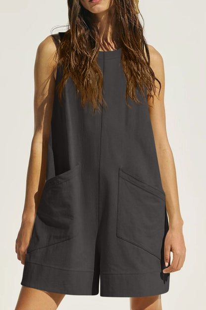 Lovelet Round Neck Sleeveless Romper with Pockets - Dark Gray -