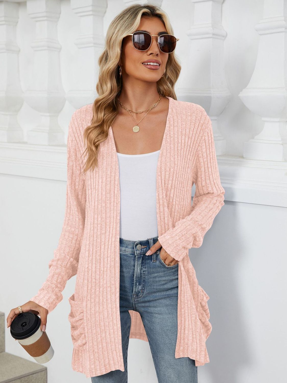 Pocketed Open Front Long Sleeve Cardigan - Watermelon pink -