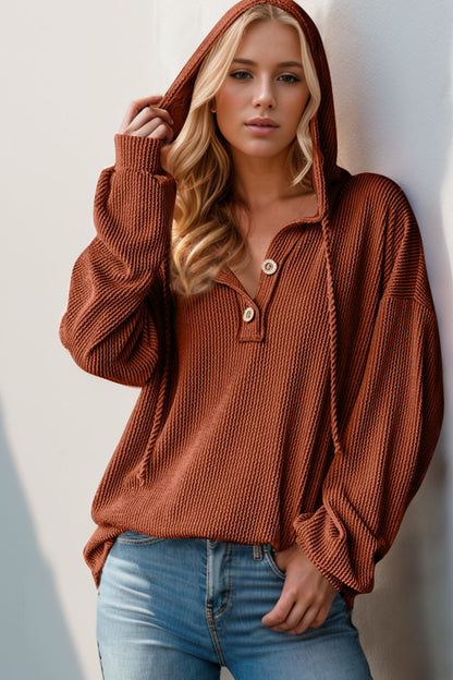 Double Take Full Size Half Button Long Sleeve Hoodie - Caramel -
