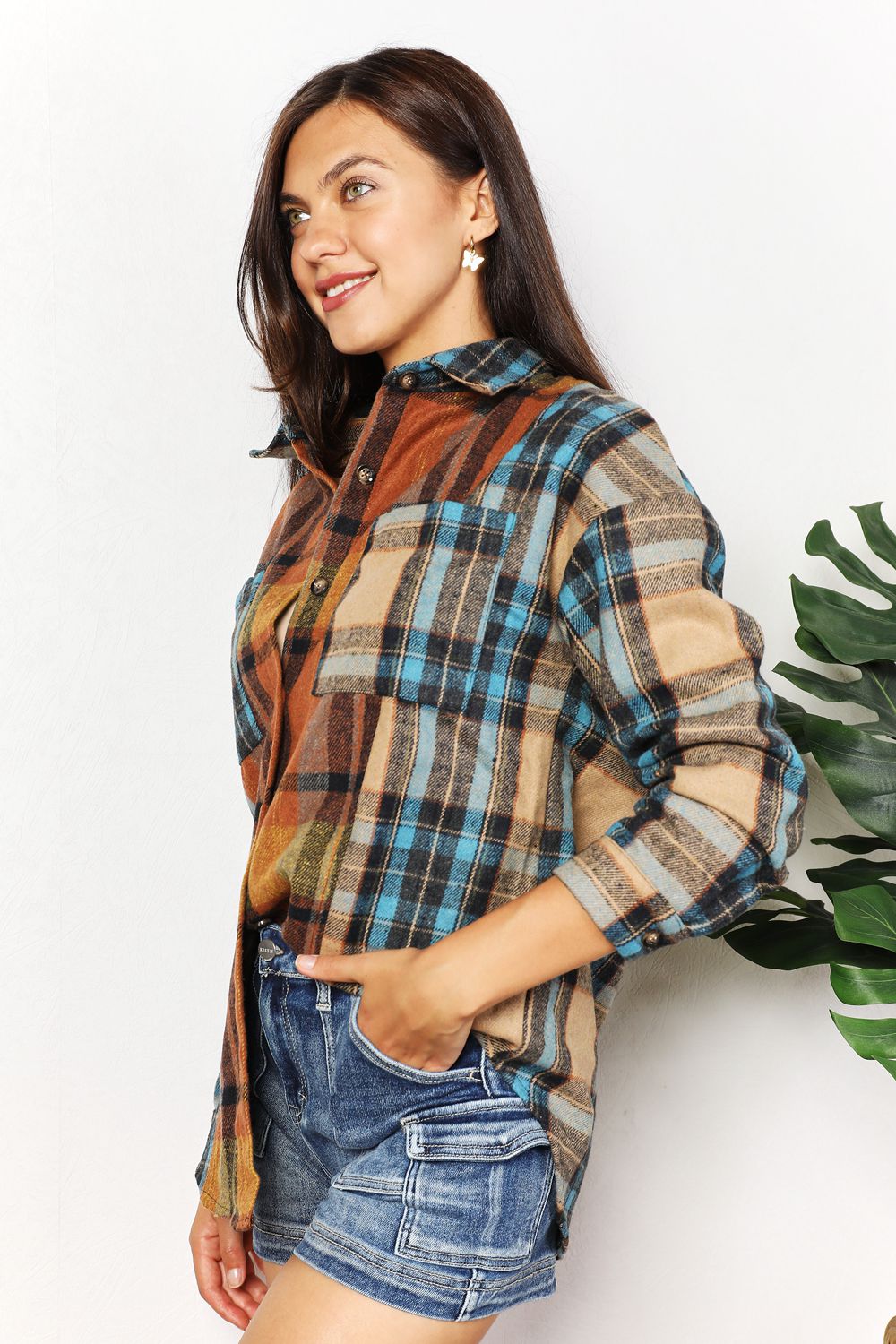 Double Take Plaid Curved Hem Shirt Jacket with Breast Pockets - -