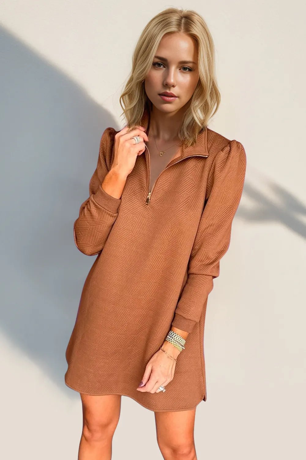 Double Take Textured Quarter Zip Long Sleeve Dress - -