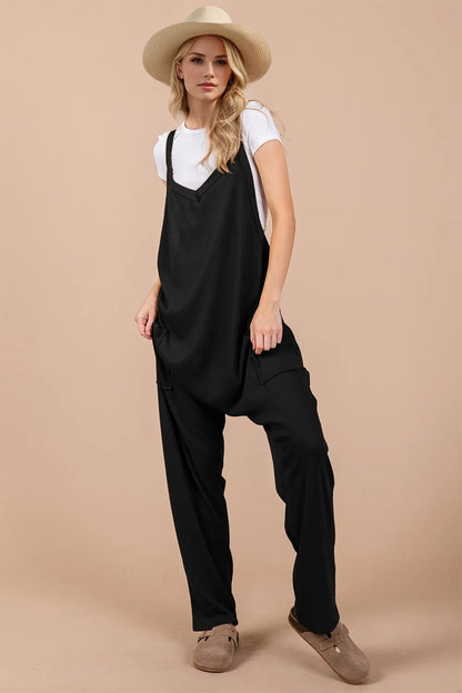 Oh Full Size V-Neck Wide Strap Overalls with Pockets - Black -