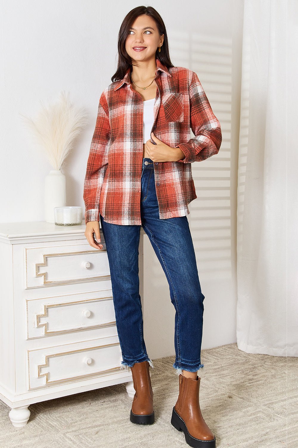 Plaid Collared Neck Long Sleeve Shirt – | Shannon’s Chique Boutique