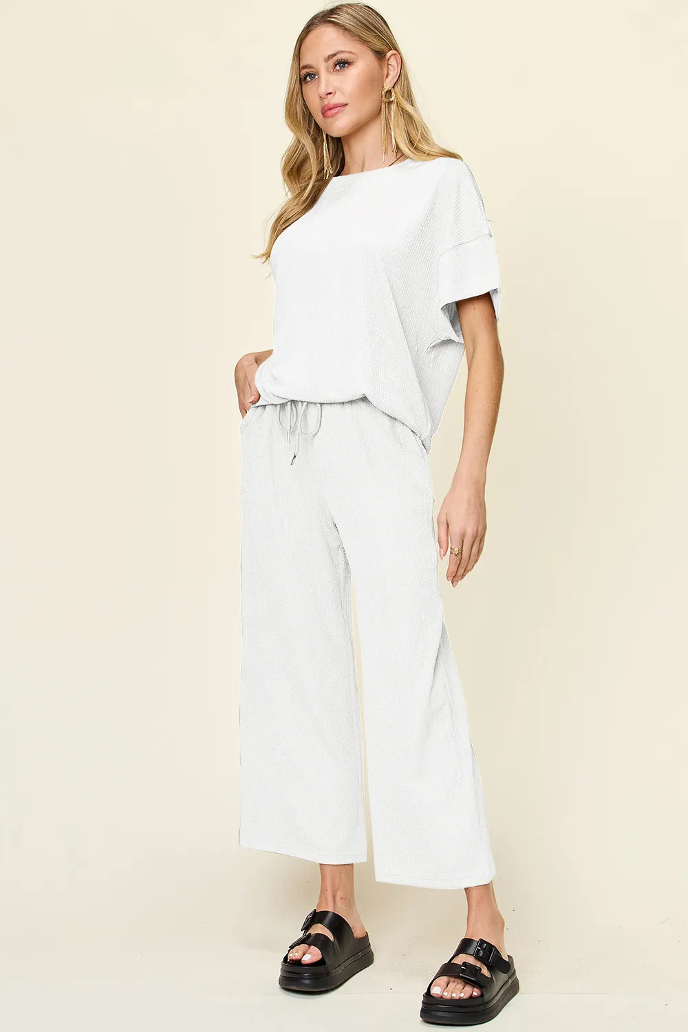 Double Take Full Size Texture Round Neck Short Sleeve T-Shirt and Wide Leg Pants - White -