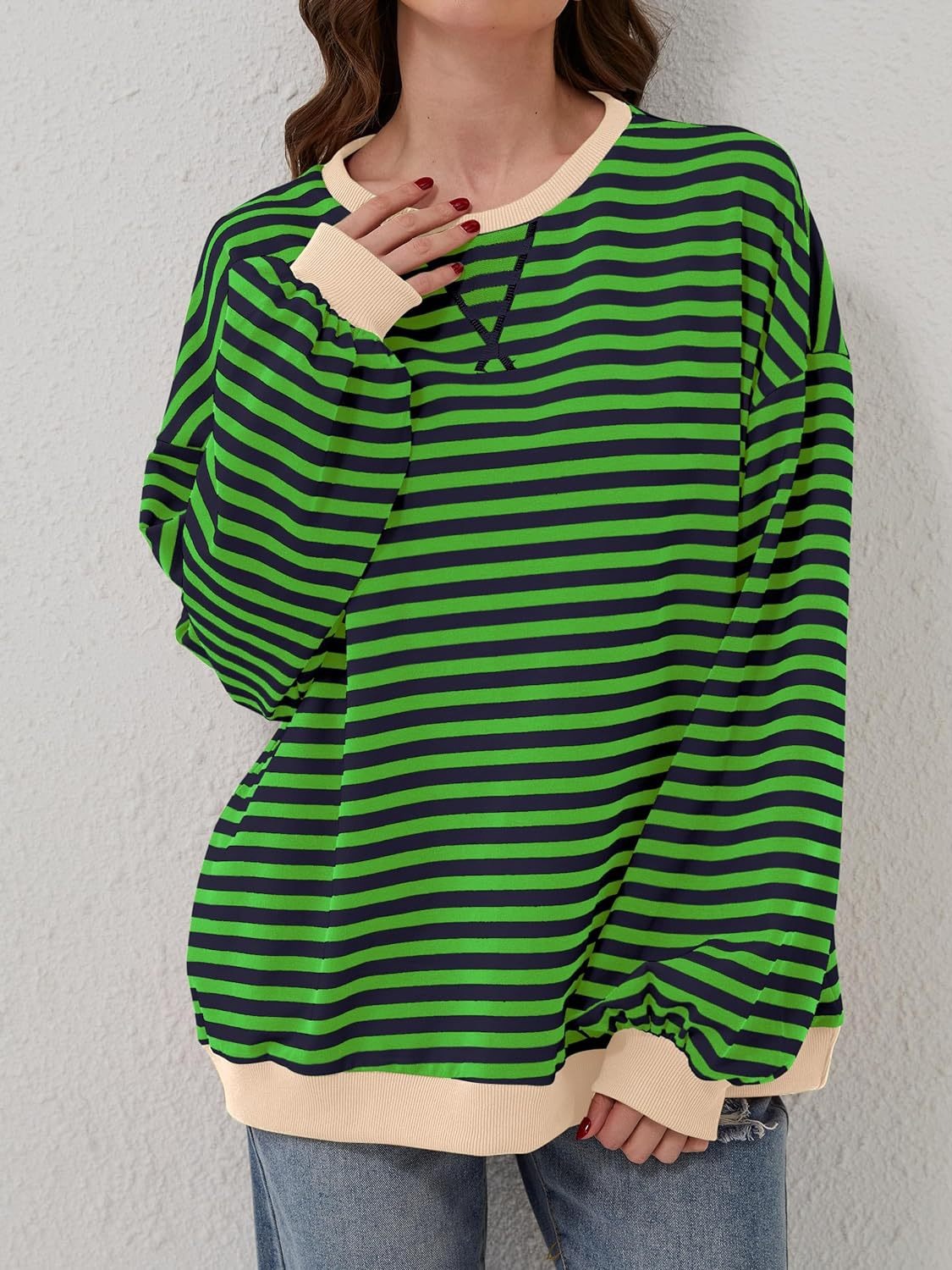 Contrast Striped Long Sleeve Sweatshirt - Green -