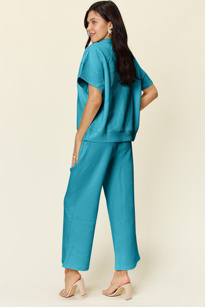 Double Take Full Size Texture Half Zip Short Sleeve Top and Pants Set