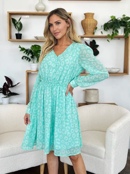 Double Take Full Size Printed Ruched V - Neck Long Sleeve Dress – | Shannon’s Chique Boutique