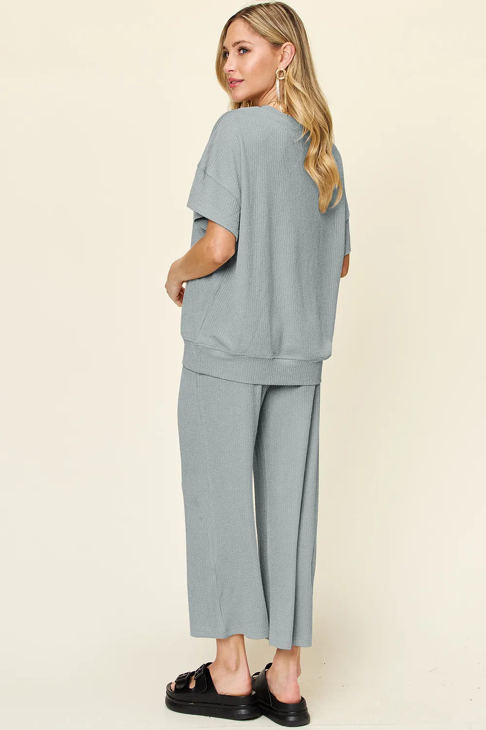 Double Take Full Size Texture Round Neck Short Sleeve T-Shirt and Wide Leg Pants - -