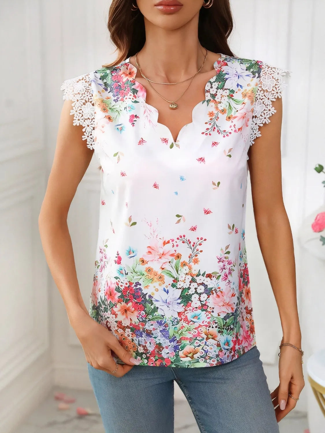 Lace Detail Printed V-Neck Cap Sleeve Blouse - -