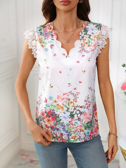 Lace Detail Printed V-Neck Cap Sleeve Blouse - -