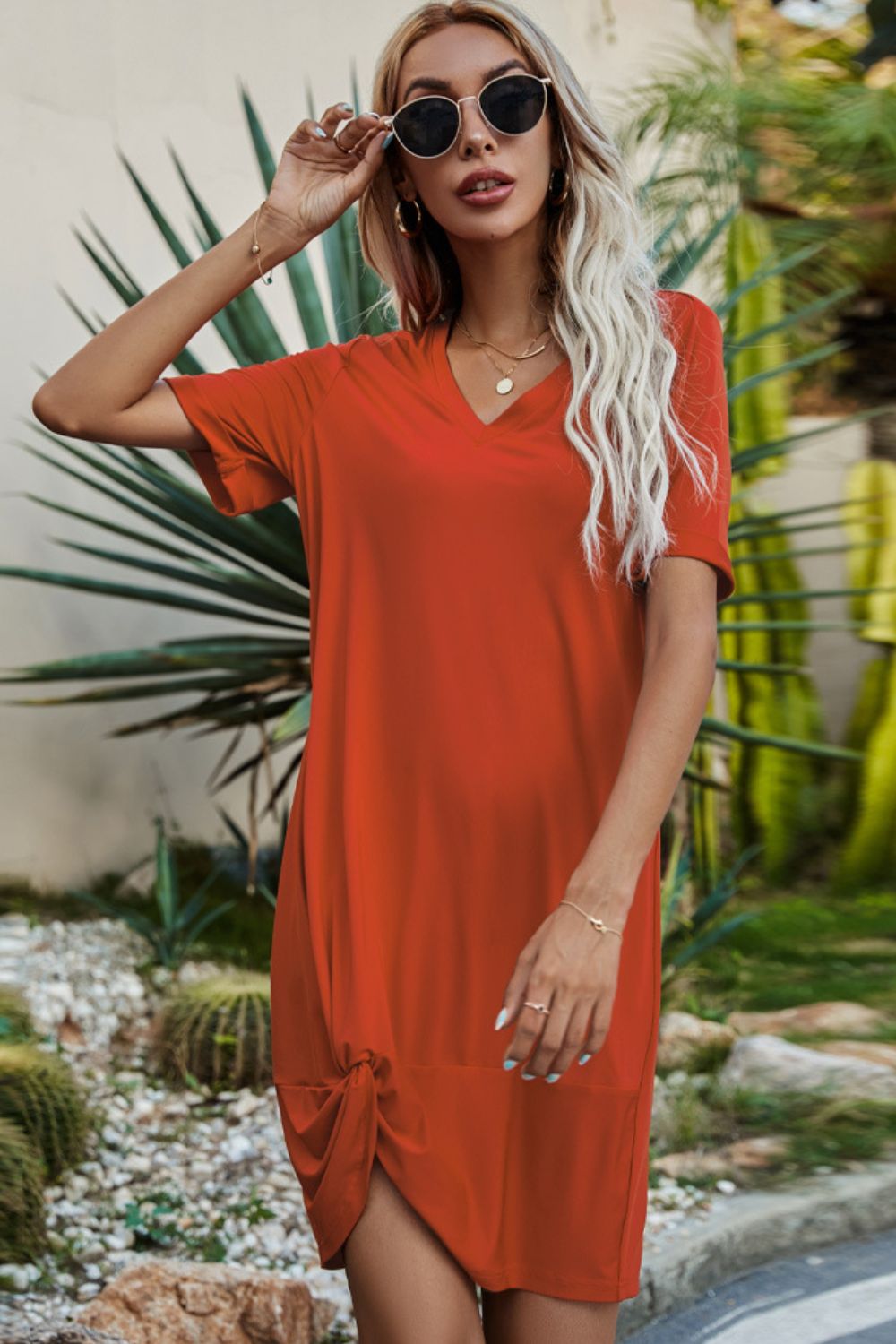 Shiny Twisted V-Neck Short Sleeve Dress - Terracotta -