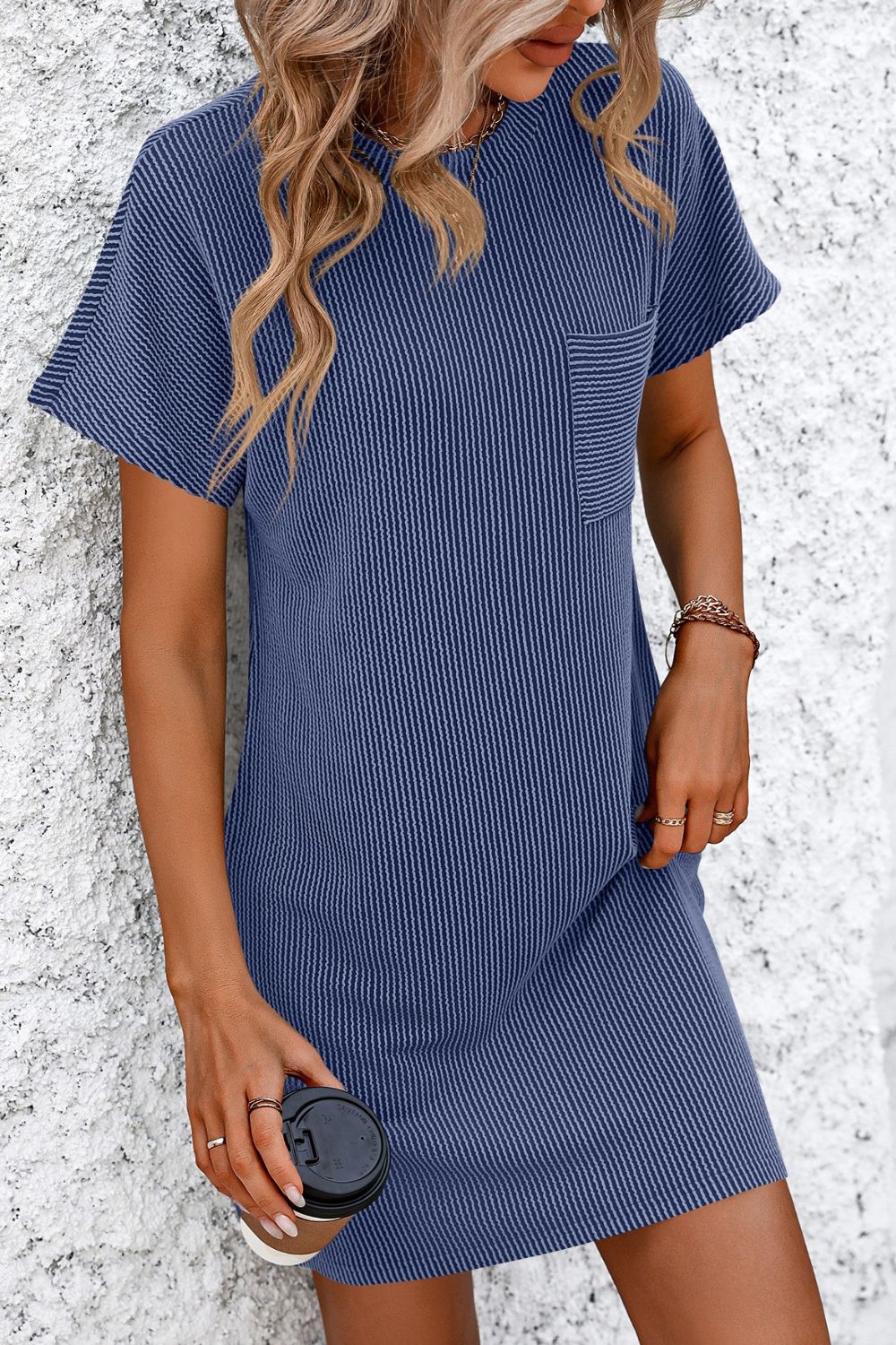 Ribbed Striped Short Sleeve Mini Tee Dress - -