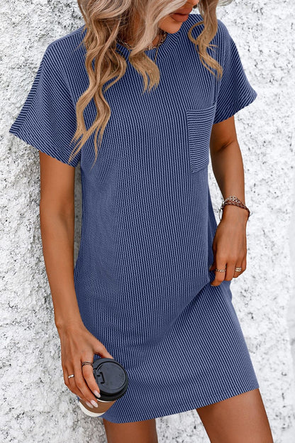Ribbed Striped Short Sleeve Mini Tee Dress - -