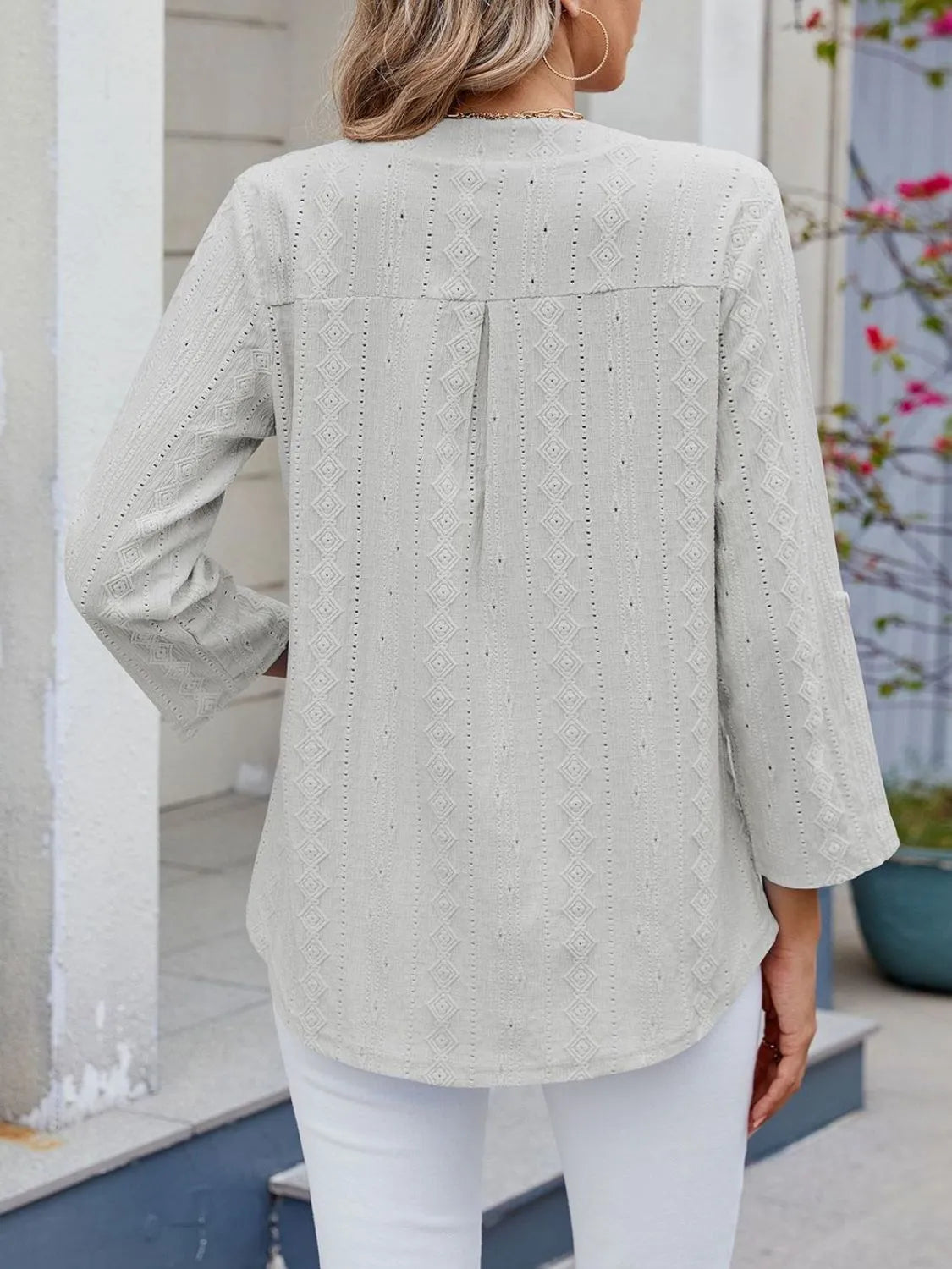 Eyelet Notched Roll-Tab Sleeve Top - -