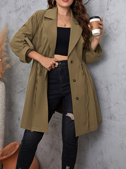 Honey Plus Size Lapel Collar Drawstring Roll-Tab Sleeve Trench Coat - -