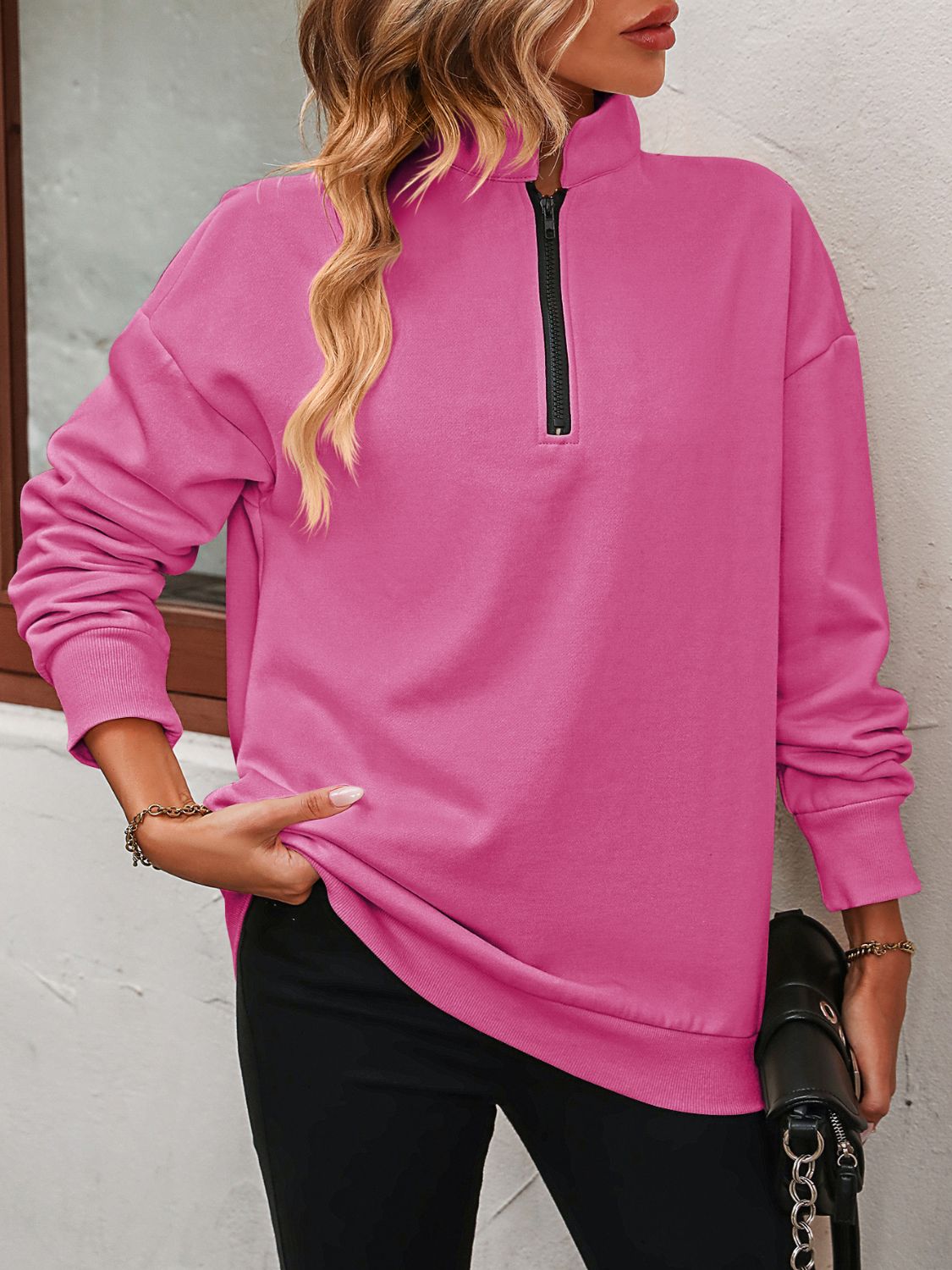 Mandy Zip-Up Dropped Shoulder Sweatshirt - -