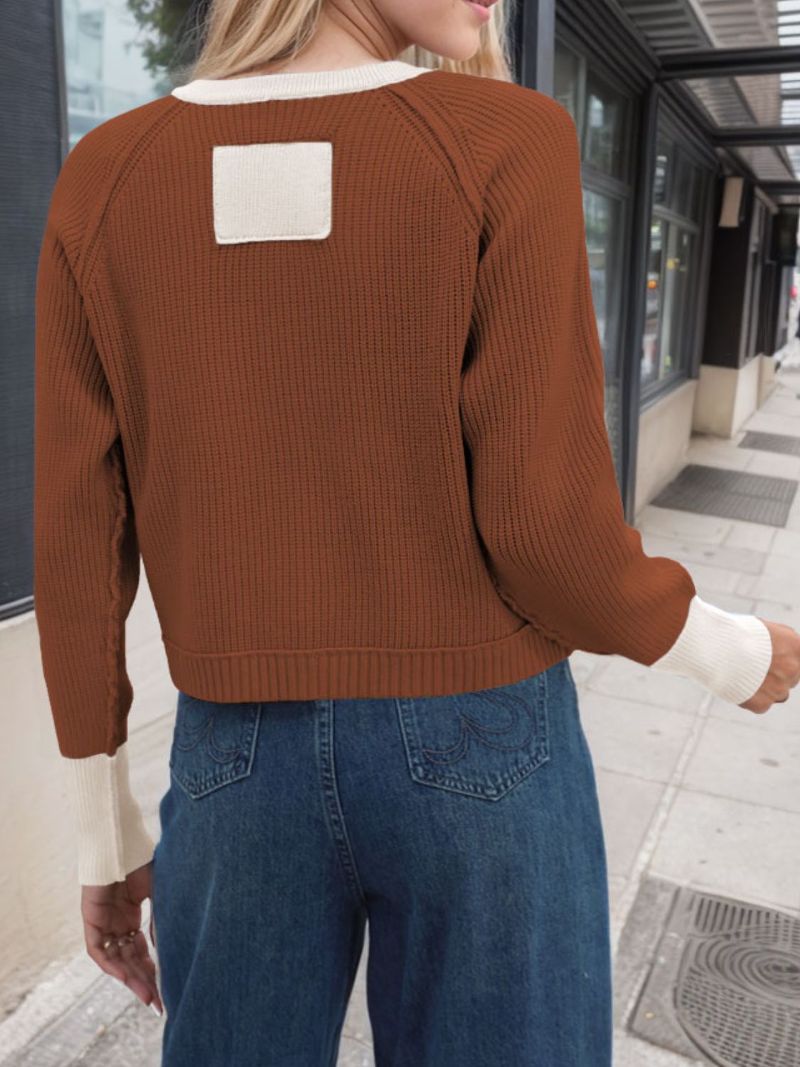 Contrast Button Up Long Sleeve Cardigan - -