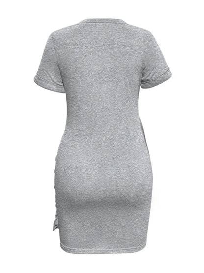 Round Neck Short Sleeve Mini Tee Dress - -