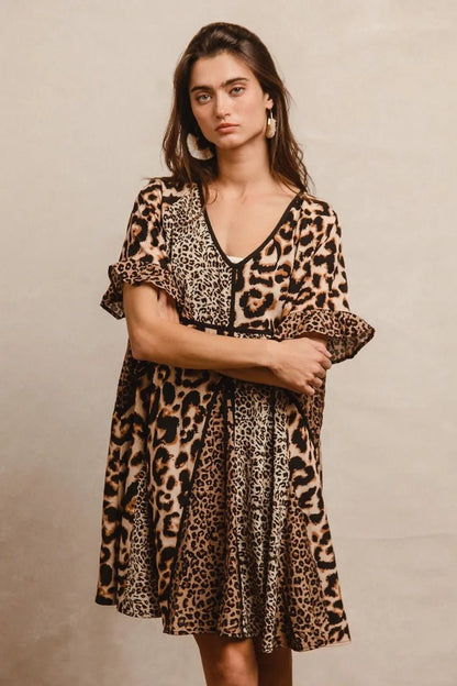 BiBi Leopard Prints Mix and Match Short Sleeves Dress - -