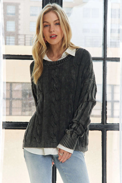 ADORA Mineral Washed Cable Knit Sweater Top.
