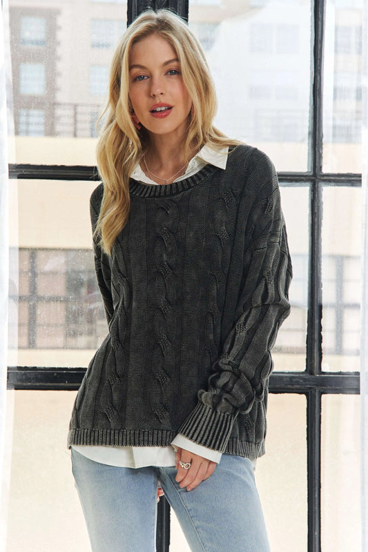 ADORA Mineral Washed Cable Knit Sweater Top.