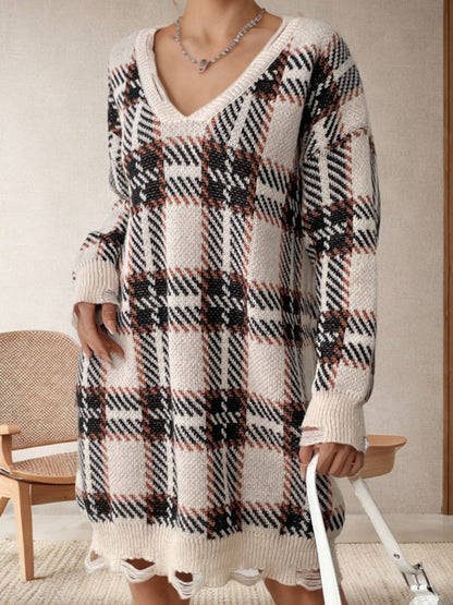 Distressed Plaid V-Neck Long Sleeve Sweater Dress - -
