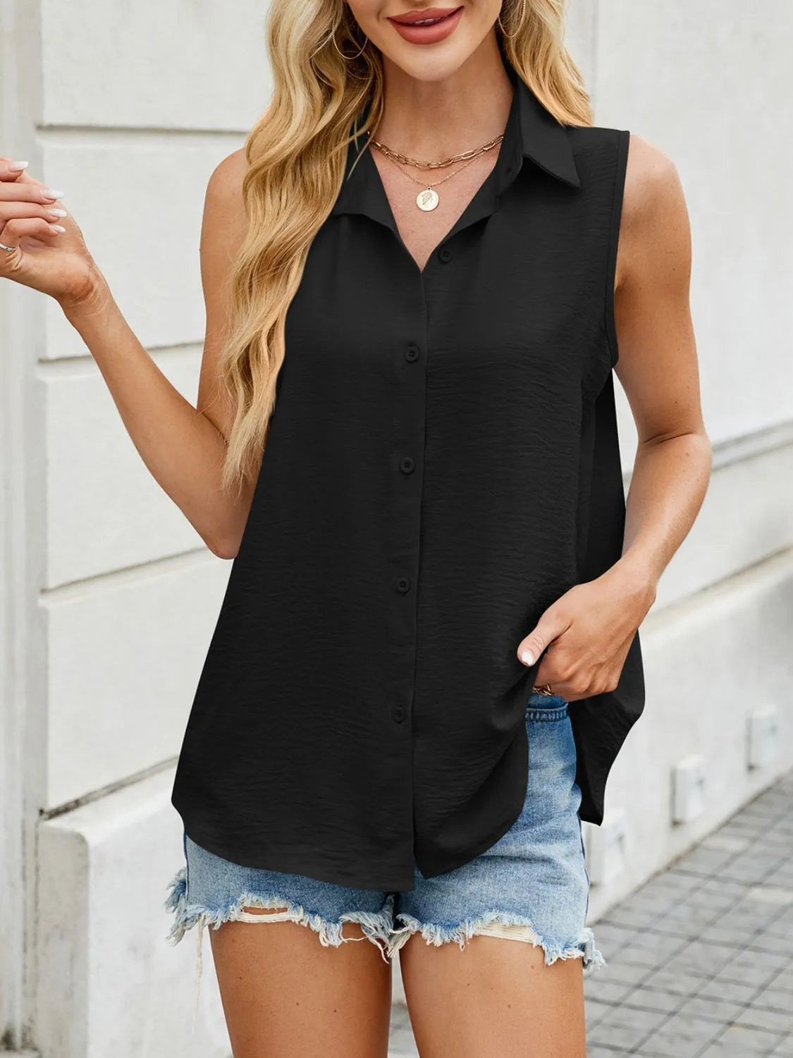Button Down Collared Neck Tank - -