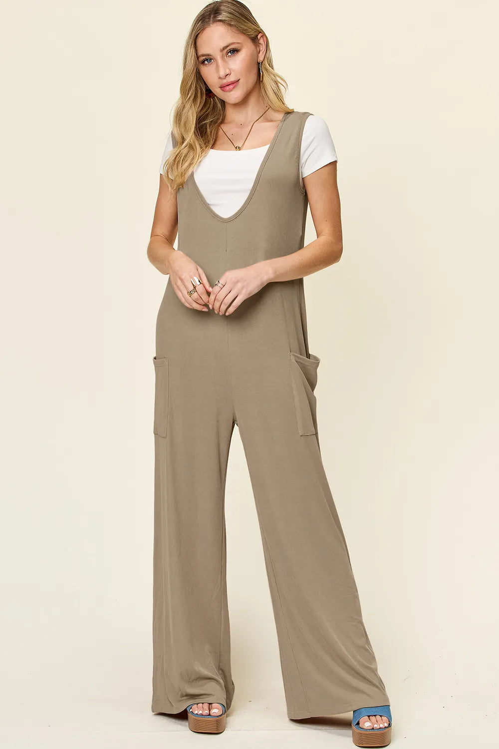 Double Take Full Size Sleeveless Wide Leg Jumpsuit with Pockets - Mocha -