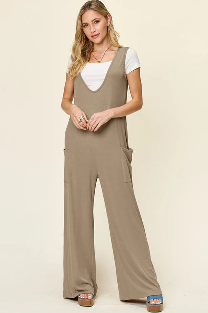 Double Take Full Size Sleeveless Wide Leg Jumpsuit with Pockets - Mocha -