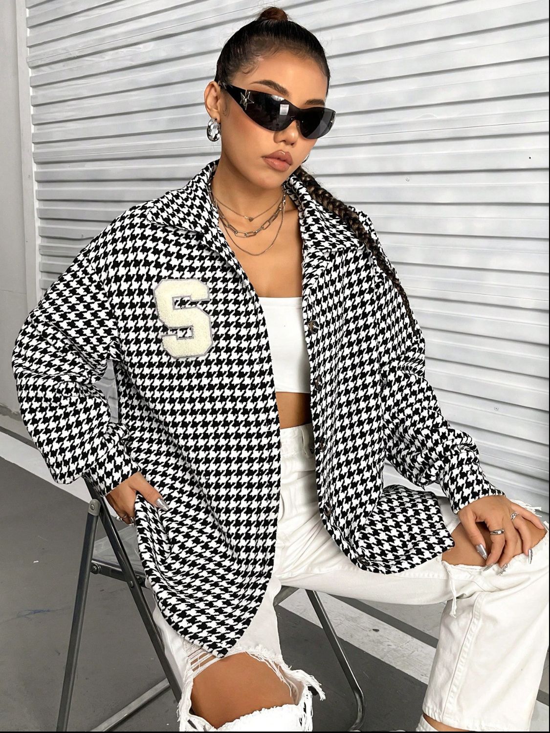 Houndstooth Button Down Long Sleeve Shacket - -