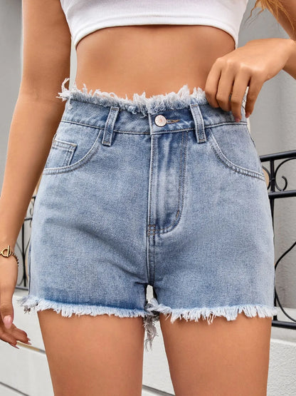 Washed Raw Hem Denim Shorts - -