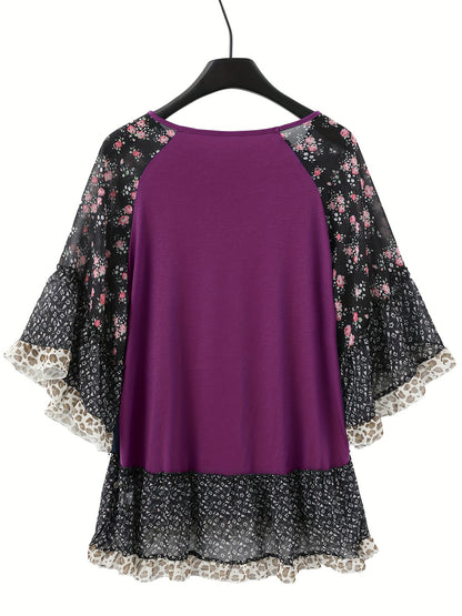 Full Size Frill Printed Round Neck Half Sleeve Blouse