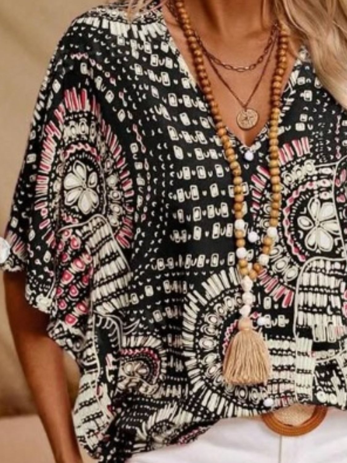 Printed V-Neck Half Sleeve Top - -