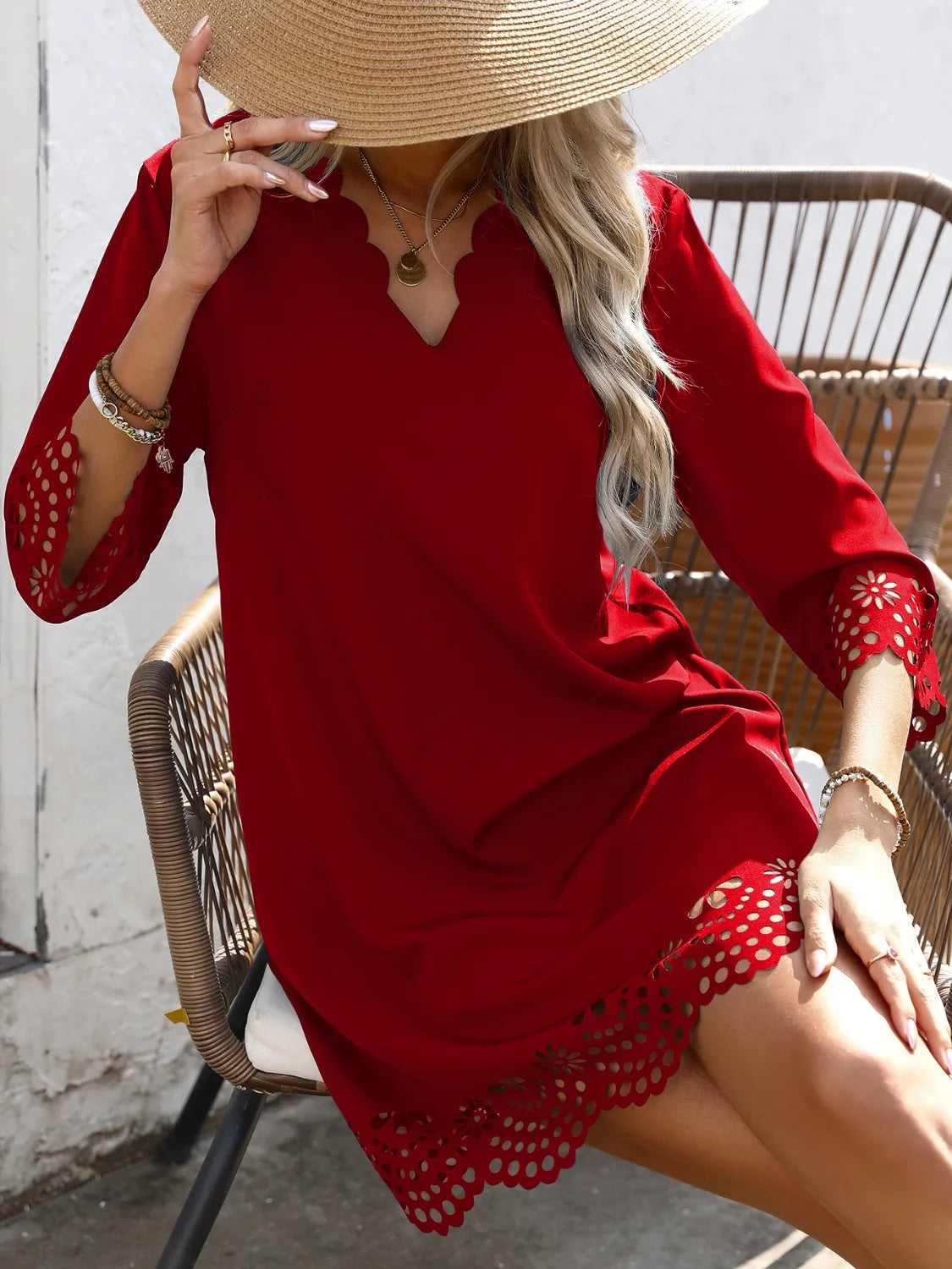 Cutout V-Neck Three-Quarter Sleeve Mini Dress - -