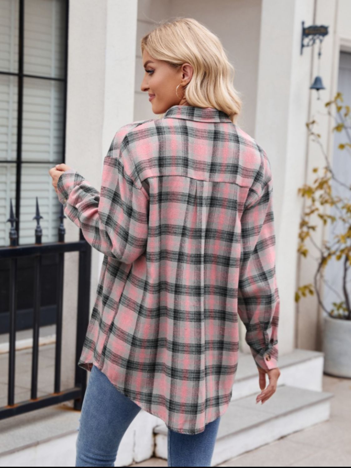 Pocketed Plaid Collared Neck Long Sleeve Shirt - -