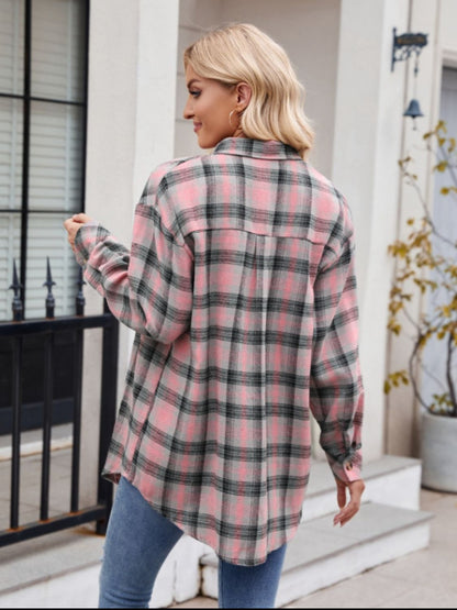 Pocketed Plaid Collared Neck Long Sleeve Shirt - -