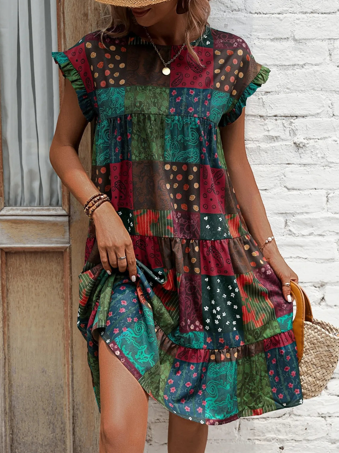 Color Block Print Short Sleeve Mini Dress - -