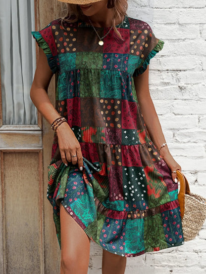 Color Block Print Short Sleeve Mini Dress - -