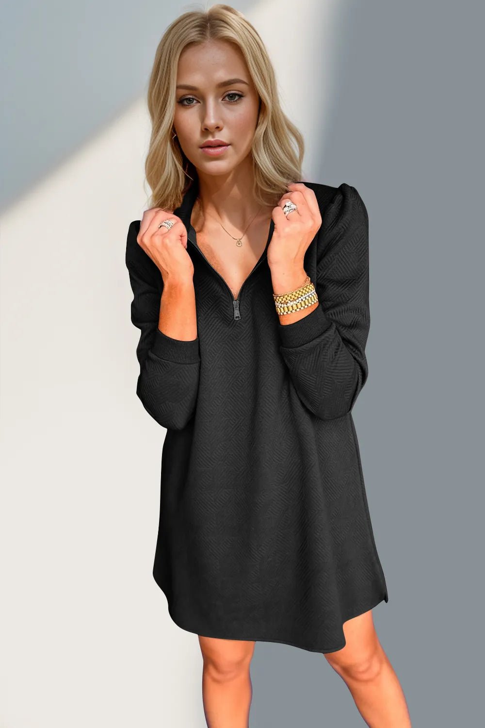 Double Take Textured Quarter Zip Long Sleeve Dress - -