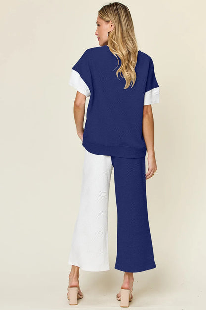 Double Take Full Size Texture Contrast T-Shirt and Wide Leg Pants Set - -