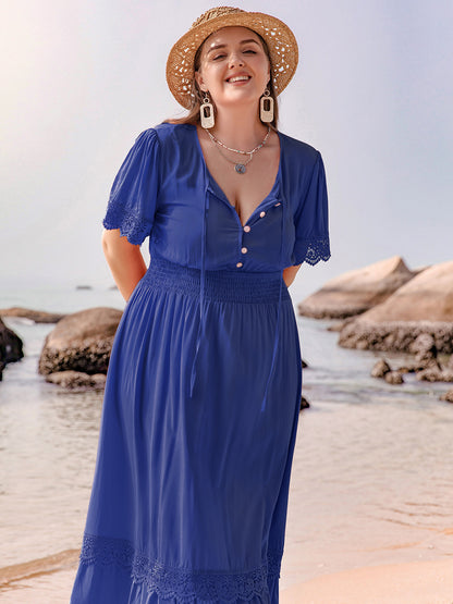 Plus Size Lace Detail Tie Neck Short Sleeve Maxi Dress - -