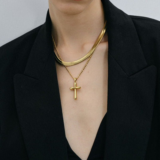 Stainless Steel Cross Necklace - Gold One Size -