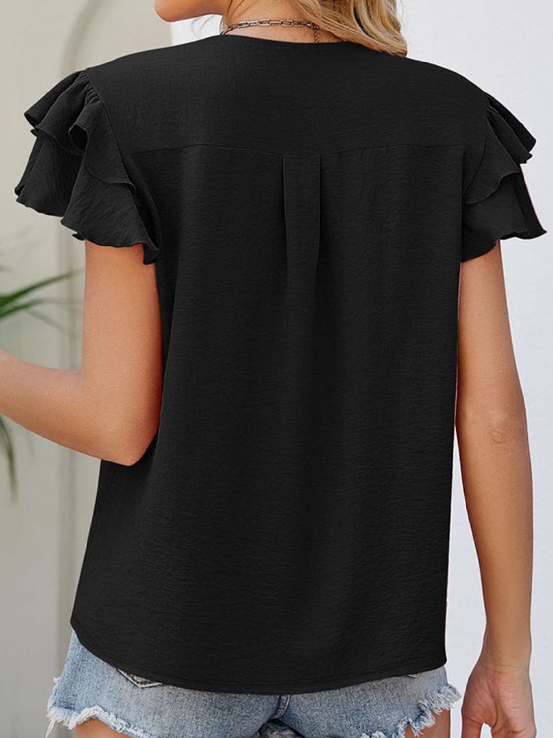 Full Size Ruffled V-Neck Cap Sleeve Blouse - -
