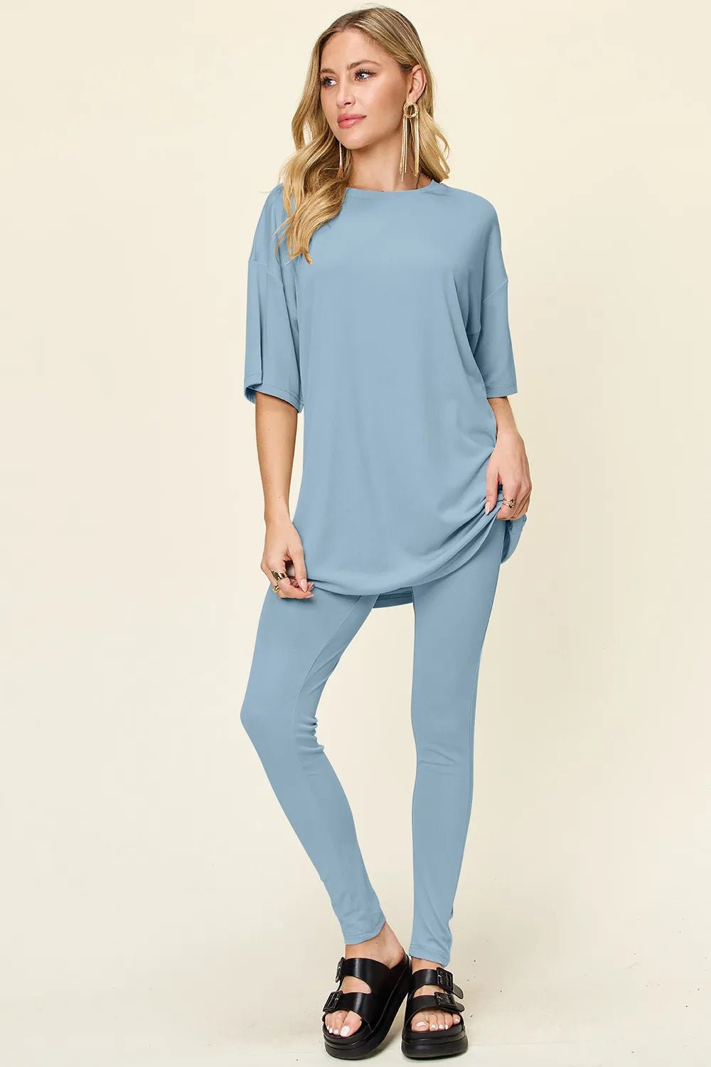 Double Take Full Size Round Neck Dropped Shoulder T-Shirt and Leggings Set - Light Blue -