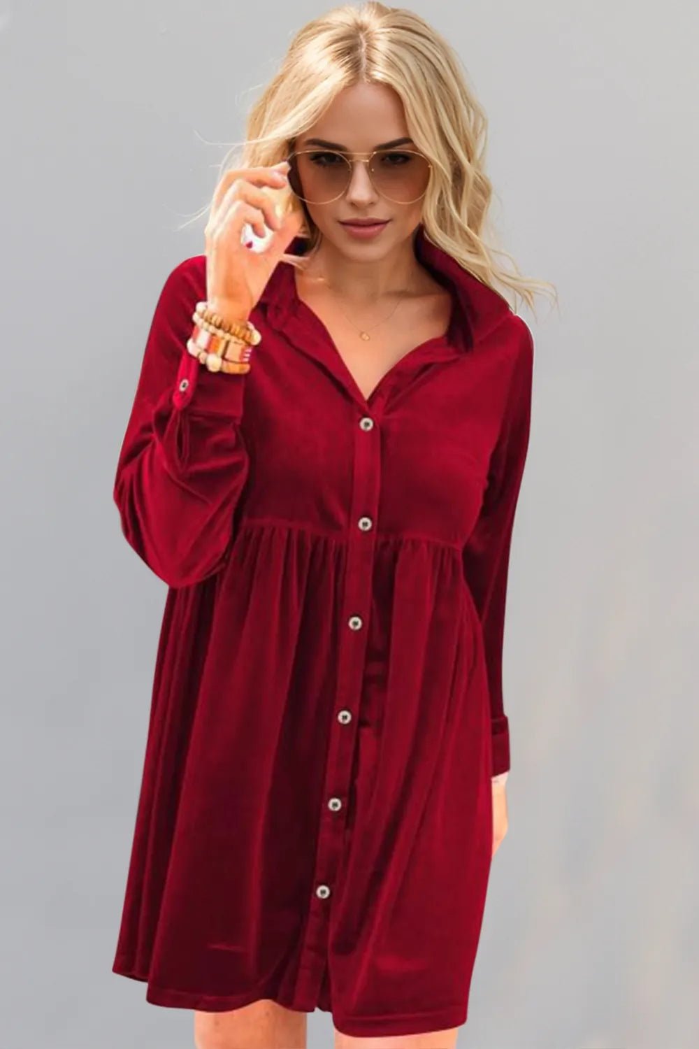 Oh Full Size Collared Neck Long Sleeve Mini Dress - Deep Red -