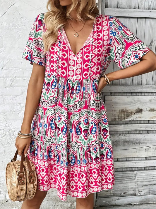 Printed Tie Neck Short Sleeve Dress - Pink -