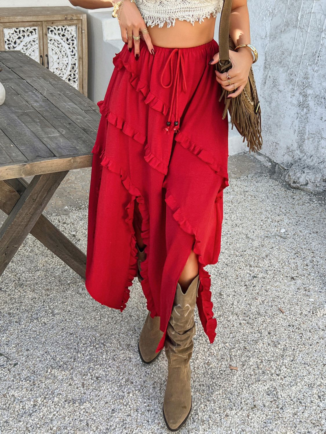 Devine Slit Drawstring Ruffled Skirt - -